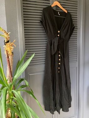 Free People Black Button-Front Tie-Waist Maxi